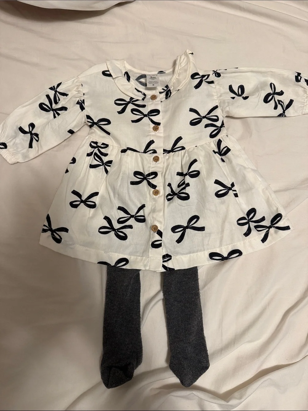Carter's White Dress with Black Bow Print and Gray Tights